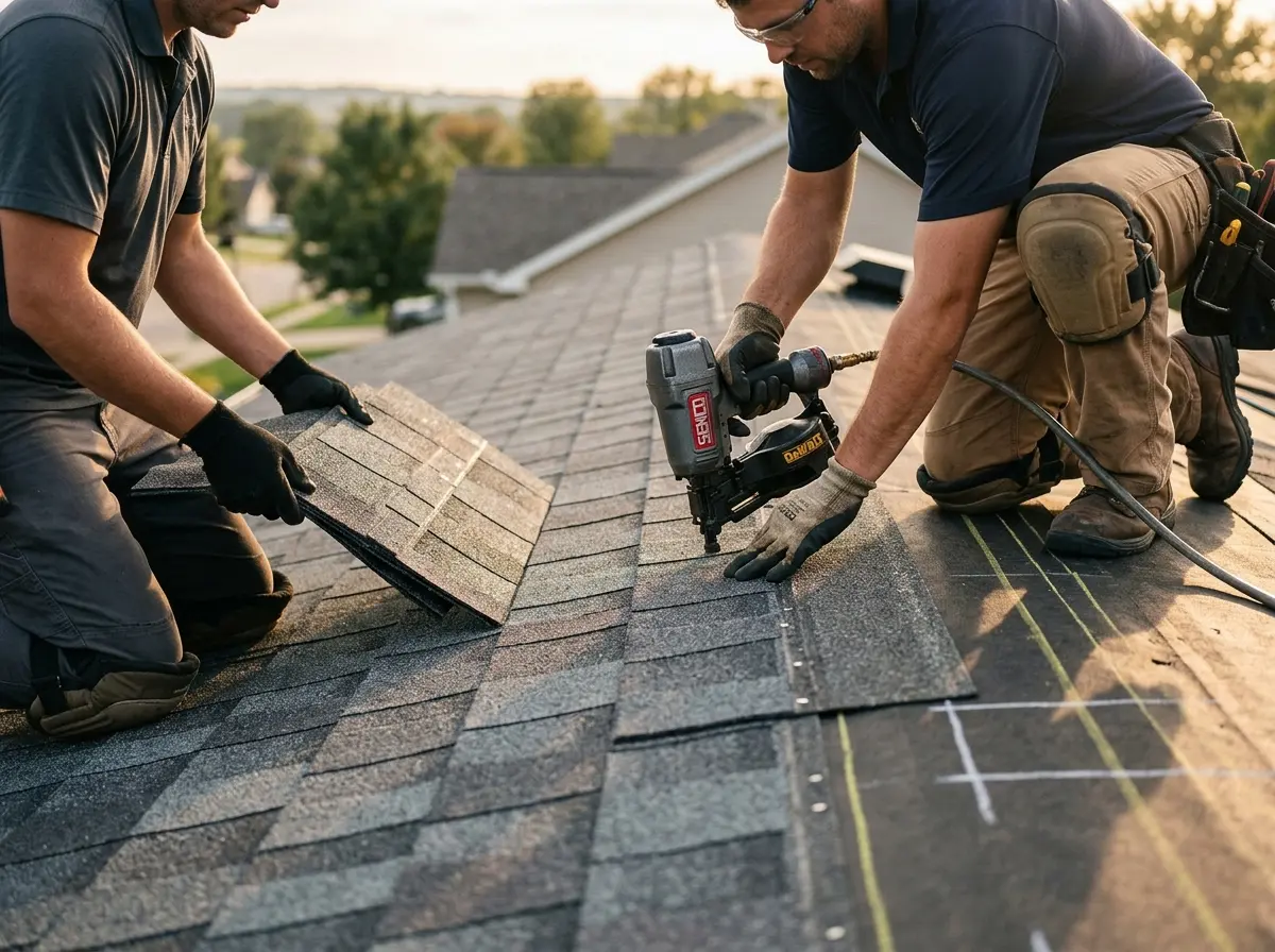 Professional roofer working on a residential roof in Lake Norman of Catawba